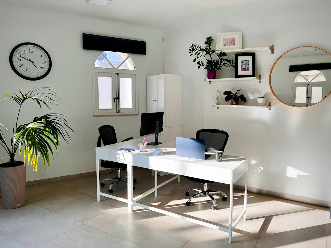 A calm workspace beside a window with a large indoor plant