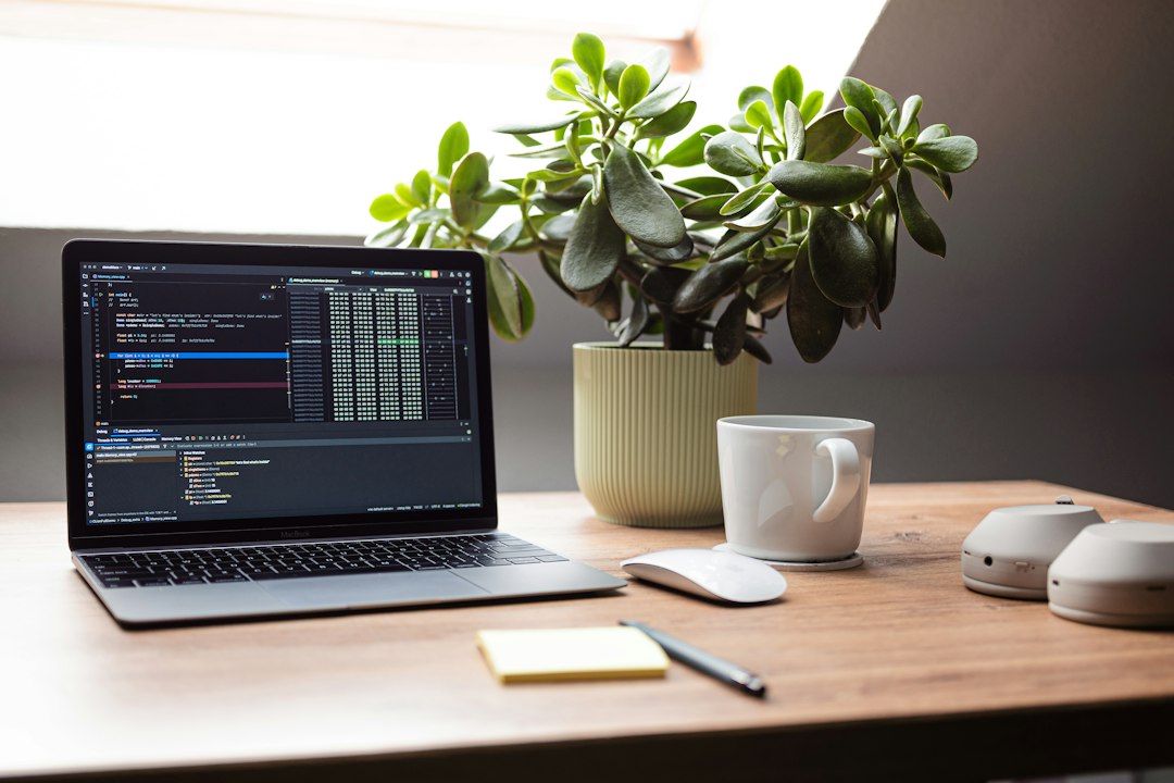 Laptop, coffee and a plant in a modern workspace